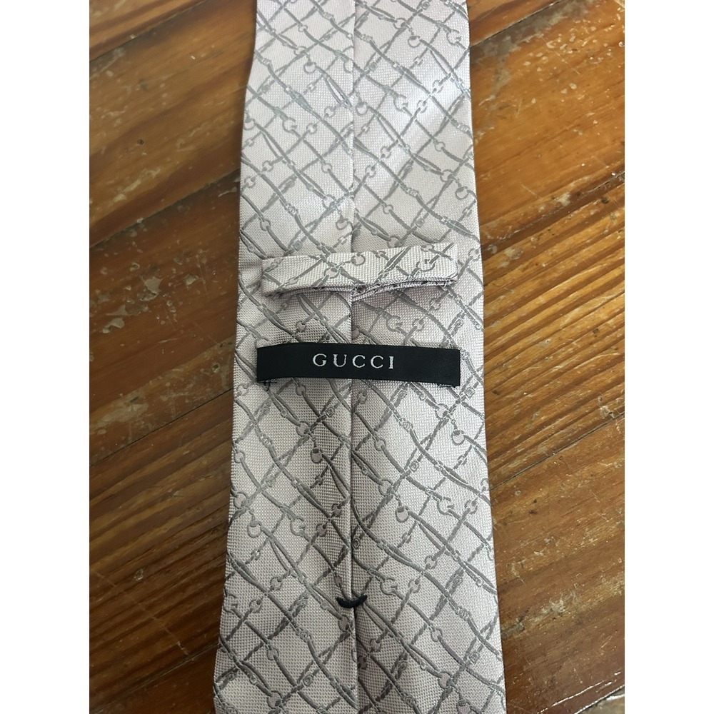 Vintage Gucci Mens Silk Neck Tie Horse Bridle AOP Pink Formal Geometric Grid